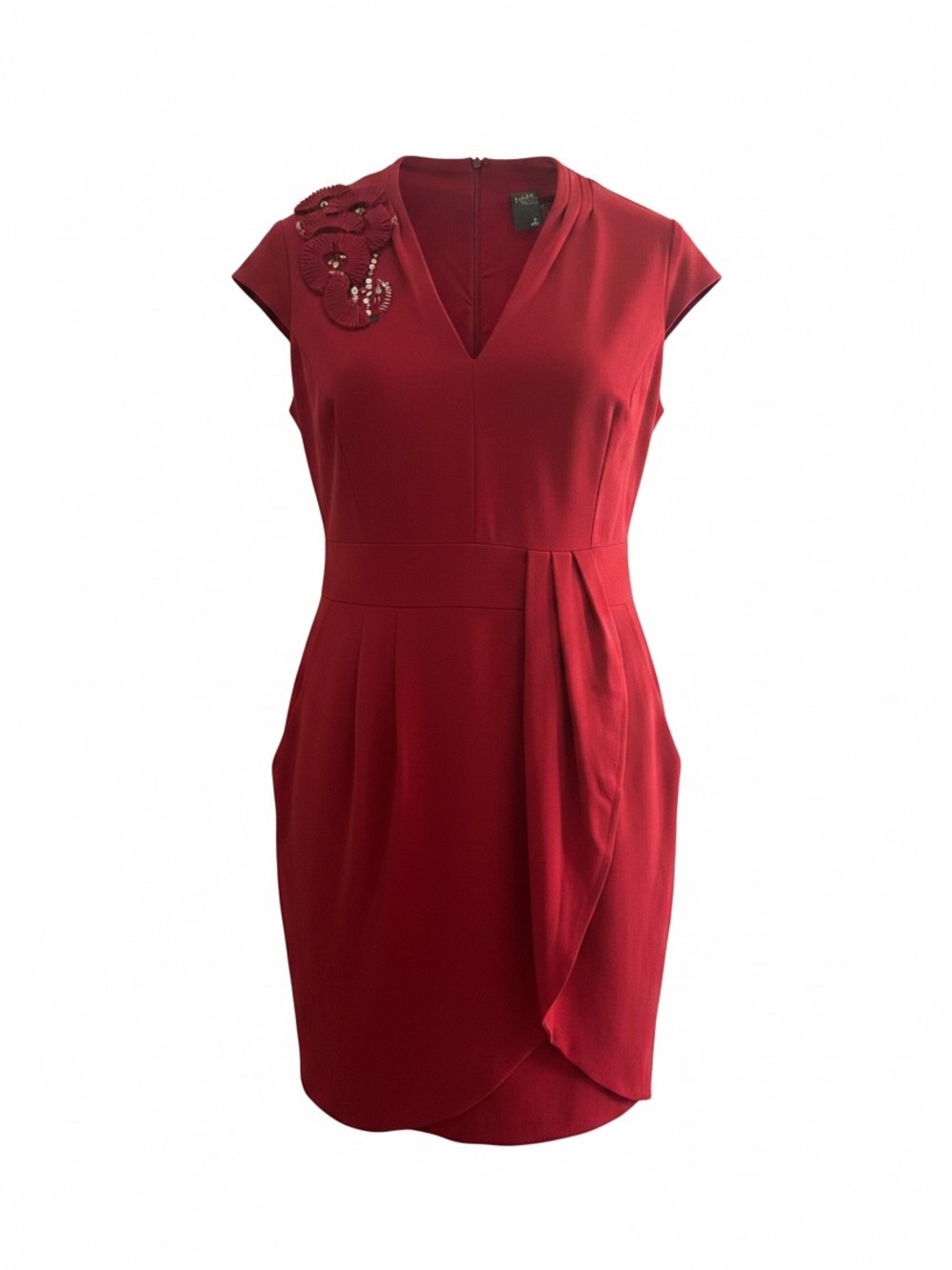 Taylor Red V-Neck Midi Dress with Embellished Shoulder